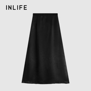 INLIFE | Mature Elegance Purple Satin High Waist Lace Slit Mid-Length Skirt