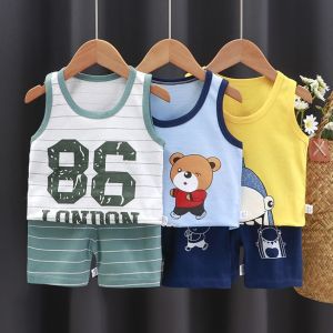 Summer Childrens Pure Cotton Vest Set Sleeveless Shorts Korean Style Boys Girls Cartoon Print Lightweight Breathable