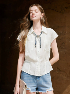 XIANGYING | French Commuter Scarf Tied Waist Rayon White Shirt