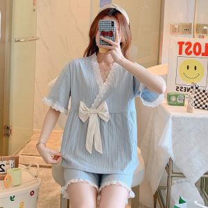 Bộ Ngủ Nữ Vat Chéo Kẻ Sọc Đính Nơ Cực Dễ Thương