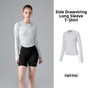 Printed Drawstring Side Long Sleeve T-Shirt
