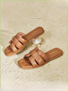 BASTO Summer New Womens Flat Bottom Sheepskin Slippers Casual Outdoor Walking Shoes TY409BT4 Pure Color Low Heel Rubber