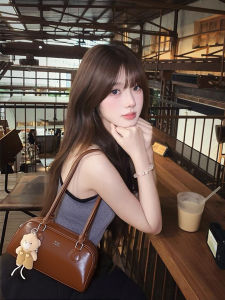 Retro Brown Bowling Bag Handbag Womens Fashionable Niche Design Lightweight Luxury Underarm Bag Soft PU Leather Zipper Closure