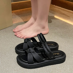 Womens Thick Bottom Slip-On Fashionable Outdoor Wearable Anti-Slip Soft Surface Leather Sandals Flat Heel Casual Style