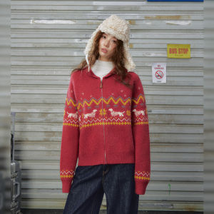 unifree | Áo Cardigan Len Fair Isle In Hình Chó Jacquard Phong Cách Retro Ấm Áp