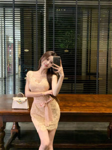 Pure Desire Style Womens Lace Short Sleeve V-Neck Dress Summer Waist-Cinching Mini Skirt Body Shape Highlighting Wraparound Skirt