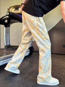 Trendy Mens Straight Leg Jeans Full Print Micro Flare Pants Handsome Casual Long Trousers Breathable Cotton Polyester Blend