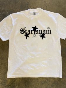 เสื้อยืดคอกลมแขนสั้นผ้าฝ้ายแท้พิมพ์ลายดาวสไตล์ยูนิเซ็กซ์สำหรับฤดูร้อน 2025 สำหรับเยาวชนและนักเรียน ระบายอากาศได้ดี สวมใส่สบาย