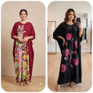 Exclusive Muslim Womens Kaftan Dresses with Floral Patterns in Red and Black.