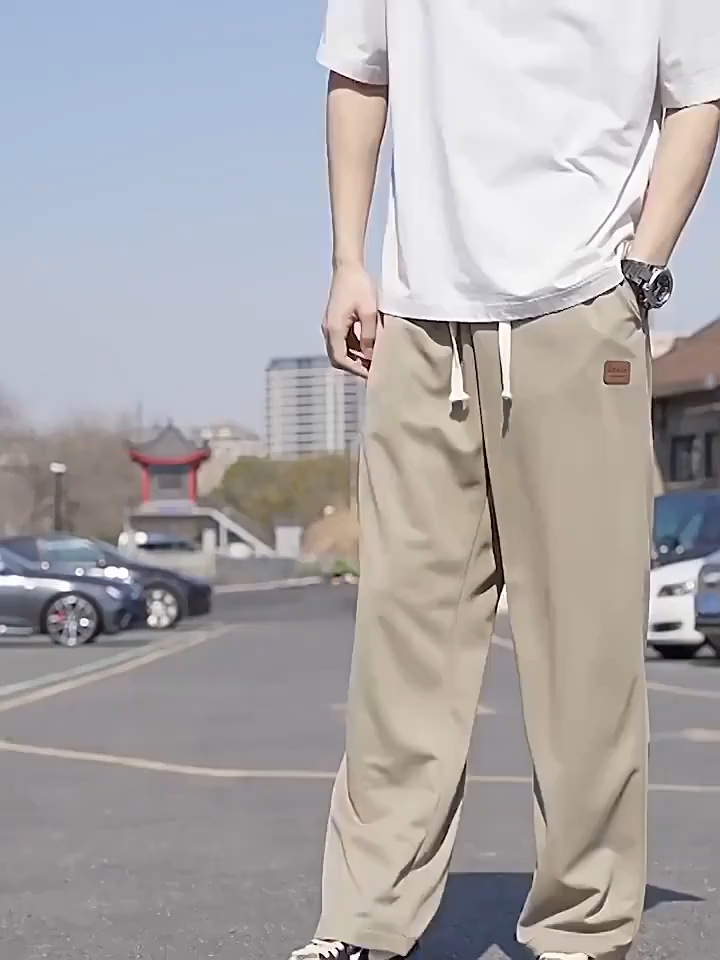 GE Mens Ice silk Mop Pants Summer Thin Korean style Trendy Casual Trousers Loose Drawstring Wide