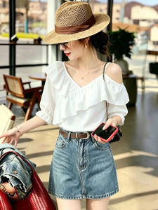 TIANQIANHUI | Áo Mỏng Hè Quyến Rũ Dáng Trễ Vai Có Gợn