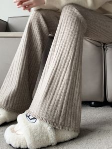 High Waist Slimming Knitted Bell-Bottom Pants Womens Autumn and Winter New Arrival Mop Stretch Drape Narrow Towel Pants Glutinous Rice Pants