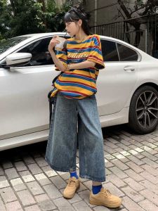 กางเกงยีนส์ทรงตรงเอวสูงทรงสลิมฟิตสำหรับผู้หญิง กางเกงขายาวทรงหลวมสไตล์ย้อนยุค กางเกงยีนส์ทรงฤดูใบไม้ผลิและฤดูร้อน ปกปิดขาและลดน้ำหนัก