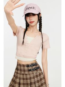 Slim Fit Short Sleeve T-Shirt Womens Summer Design Sense Fake Two-Piece Hot Girl Short Length Sweet And Spicy Small Top