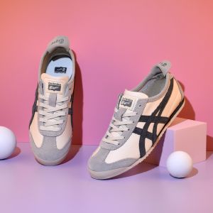 2024 Original Tiger Shoes Mens and Womens Classic Retro MEXICO 66 Sports Shoes Fashionable and Comfortable Casual Shoes Breathable Anti Slip Shock Absorbent Leather Shoes Beige/Dark Grey