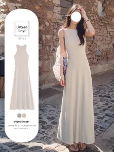 Sleeveless Vest Dress Womens Special-Interest Design Fashion All-Match Waist-Tight Slim Looking Fancy Elegant Long Dress Summer