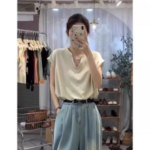 chaqi | Chali Summer Womens T-Shirt Vintage American Design V-Neck Short Sleeve Loose Fit Shoulder Length Flying Sleeve Top