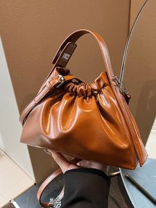 Fashionable Folded Bucket Bag Single Shoulder Crossbody Handbag Casual Versatile Stylish Small Size PU Leather for Young Women