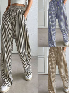 กางเกงขายาวทรงตรงเอวสูงลายทางสำหรับผู้หญิง กางเกงขายาวทรงหลวมสบาย ๆ สไตล์ผู้หญิง ฤดูร้อน 2025