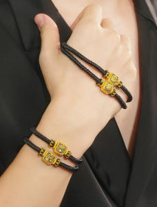 ZHOU LIU FU 周六福 24K Solid Gold Bracelets Dragon Tiger Monkey Horse Zodiac Charm Adjustable Black Braided Bracelet for Men Father Son Husband Lover Birthday Anniversary 18+6CM A1716349