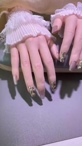 【5in1 Toolkit+HANDMADE】Artificial Nail Light purple champagne crystal cats eye False Nail Set Acrylic Manicure SetReusable Salon-Quality DIY Manicure Set for Women