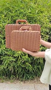 Homepeas® Vintage Rattan Woven Storage Case Handheld Gift Box Organizer Double Handle Leather Accents Stackable Decorative Storage Box for Home Use