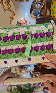 Crochet/knit bag/pouch 3d purple/green flower design for gift/anniversary/birthday/graduation