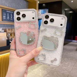 Sanrio | Y2K Glitter Diamond Hello Kitty Makeup Mirror Phone Case For iPhone 17 16 15 14 13 12 11 Pro Max Plus 17 Pro Women Phone Cover