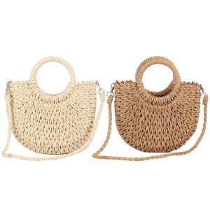 [BONDRE9]Womens Woven Crossbody Shoulder Bag with Semicircle Shape Lightweight Design for Beach and Holiday Trips