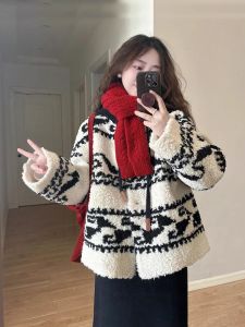Christmas Theme Thickened Lamb Fur Vest Womens Autumn Winter Soft Cozy Knitted Hat Sweater Outerwear Casual Loose Style