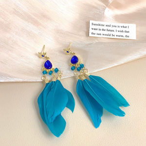 Artificial Broken Star Dome Railway Sandy Gold Same Style Feather Tassel Earrings Long Niche Style Classy Things Blue Ear