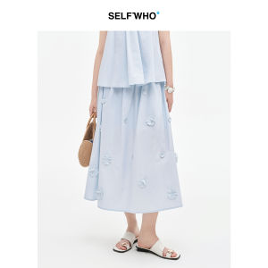 Cotton Handmade Flower Decorated Pleated Waist A Line Skirt