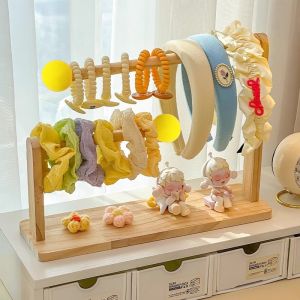 Wooden 2 Layers Hair Band Hair Rope Holder Jewelry Stand Bracelet Necklace Earring Hairband Storage Rack Desktop Showcase Holder