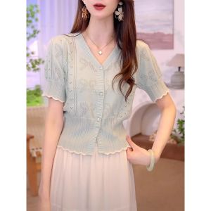 Shalldoer | Blue Lace Trim Hollow Out V-Neck Short Sleeve Knitwear Womens Unique Stylish Summer Top Straight Cut Lightweight Casual Fashion