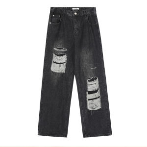 American Style Washed Denim Jeans Mens Loose Straight Leg Long Pants Torn Casual Fashion Youth Popular Mid-High Waist Jeans
