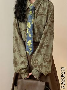 Ecoksolong Sleeve Floral Shirt Men Women Casual Style Spring Fashion Couples Loose Fit Long Sleeve Button up Top