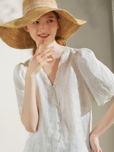 Miccbeirn | Miccbeirn Embroidered Heavy Work Short Sleeve Womens Top Pure Linen Summer Fashionable Versatile Skin-friendly Simple Style V-neck