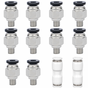 12 pcs PC4-M6 Pneumatic PTFE Tube Kit 10 Metal Fittings + 2 Plastic Quick-Connect Fittings for 4mm Outer Diameter PTFE Tube