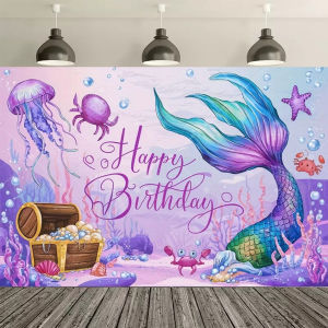 Underwater World Mermaid Birthday Party Decoration Background Mermaid Tail Birthday Banner Girl Party Studio Cake Table Decor