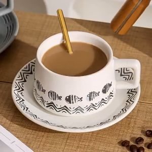 YUNG888 Ceramic Retro Striped Coffee Cup andSsaucer Afternoon Tableware