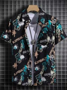 Ice Silk Printed Shirt Mens Short-Sleeved Summer Thin Quick-Drying Hawaiian Beach Handsome Stylish Trending Graffiti Shirt Men