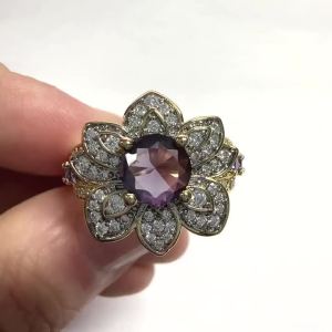 Huitan Gold Color Flower Ring Charming Purple Cubic Zirconia Accessories for Engagement Ceremony Fashion Party Jewelry
