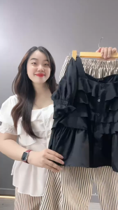 Set bộ bigsize nữ áo kiểu phối bèo tiểu thư kèm quần dài ống suông xinh xắn cho nàng chuppy - SET( SM36+Q534)