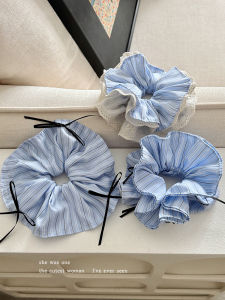 Blue Striped Lace Butterfly Knot Hair Ties Womens Beautiful Hair Bands Soft round Fashionable Daily Use Adult Hair Accessories