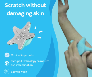 Eczema Lab scratcher. Mimics fingernail scratching without damaging skin.  Built-in cooling pod technology calms chronically itchy skin in 5 minutes. Anti-microbial surface and easy to clean. For chronic itch extremely dry and sensitive skin.