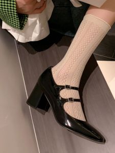 Retro Mary Jane Womens Shoes French Style mid Heel Slip-On Shoes Chunky Heel Red High Heels Fashionable Daily Wear Leather