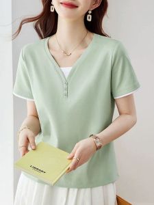 QIAOXIZI | Summer Two-Piece Short Sleeve T-Shirt V-Neck Fashionable Loose Slimming Youthful Womens T-Shirt