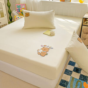 Washed Cotton Bedsheet Capybara/Panda/Cat Embroidery Fully Gaeterized Bed Sheet Fitted Bedsheet Single Super Single Queen King Size Cadar Kartun Kanak
