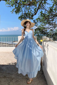 French Holiday Style Yellow Plaid Backless Strap Dress Women Summer Dopamine Beach Atmosphere Beach Long Skirt A-Line Gown