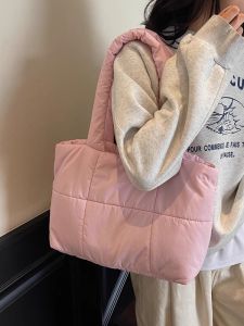 Korean Style Cotton Filled Square Block Tote Bag Casual Handbag Pillow Shape Diamond Pattern Womens Single Shoulder Bag